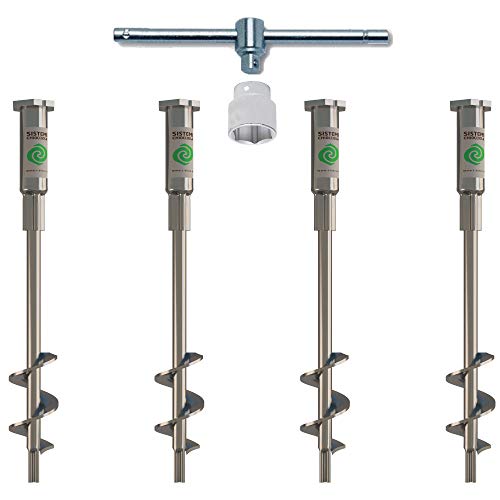 T-Block – Kit de 4 tornillos de anclaje a tierra, longitud 38 cm, diámetro 28-14, cabeza hexagonal de 41 mm con punto fijo M10, mango en T y brújula para la instalación.