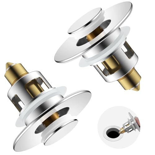 Image of 2PCS Universal Metal Bathroom Sink Stopper, 2-in-1 Pop Up, Chrome | Sink Strainer with Anti-Clogging Filter Basket Fit for Standard 1 inch-2.3 inch Basin Drain Holes, Anti-Clog