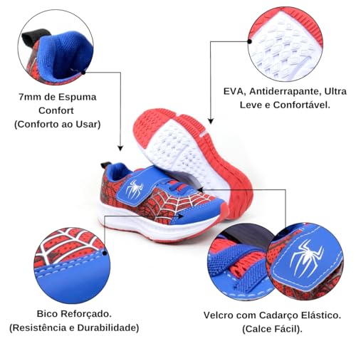Tênis Infantil Masculino Meninos Aranha Calce Facil (Azul/Vermelho, BR, Criança de 9 a 12 anos, Numé
