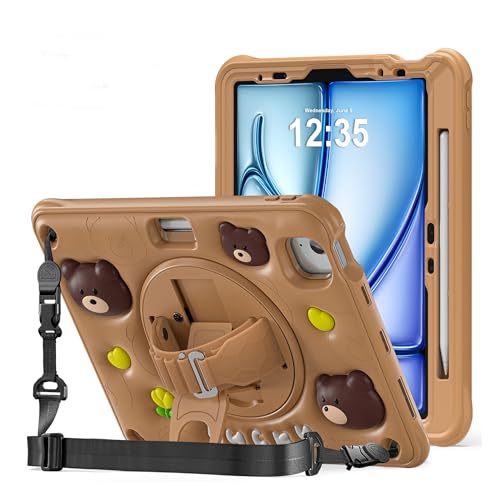 Image of ProElite Cover for iPad Air 11 M4 /M3 /M2 2026 /2025 /2024 / Pro 11 4th /3rd Gen /Air 5 /4 Gen 10.9 inch Case, Tough Bubble Kids Case with Pencil Holder with Rotating Kickstand & Shoulder Strap, Brown