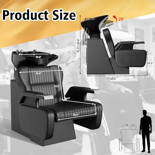 Image of KIGOTY Hair Washing Station w /Ceramic Bowl,Salon Shampoo Bowl and Chair Set | Black,Barbershop Beauty Spa Equipment, PU Leather,440lbs,Neck Rest,Large Ceramic Bowl, Shampoo Backwash Unit Porcelain Sink
