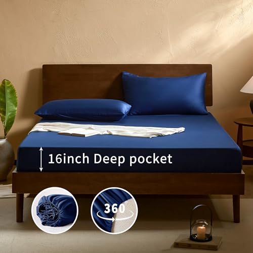 Image of EVERLY Queen Sheets Set,Luxuriously 400 Thread Count Organic Viscose Derived from Bamboo Bed Sheet,Cooling Sheets for Queen Size 4 Piece Deep Pockets Bedding Sheets &Pillowcases-Navy Blue