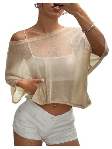 GORGLITTER Women's Mesh Short Sleeve Crop Tops Sexy Sheer See Through Crew Neck Cropped T Shirts