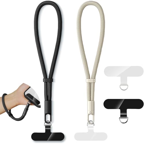 kinoco 2 pcs Cordon Telephone Portable Dragonne de Téléphone Portable Ajustable, Cordon Court Universel Anti-perte, Noir Couleur camel