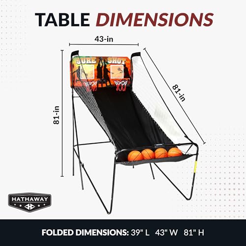 Hathaway Sure Shot 81-in Dual Basketball Arcade Game for Game Room - with LED Scoring, Foldable Indoor Basketball Game Design, Steel Frame, 8 Game Modes, Pump & Dual Hoops - Orange/Black Finish2