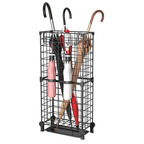 AWTATOS Umbrella Holder Entryway, Umbrella Stand Freestanding, Metal Square Umbrella Rack Organizer with a Removable Drip Tray, Hooks, Black