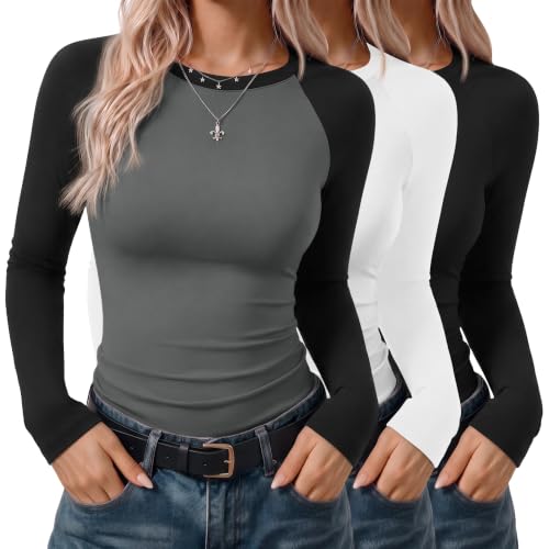 Ekouaer Womens Long Sleeve Color Block Raglan Shirts Fitted Thermal Tops