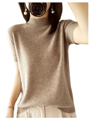 Image of Floerns Women's Casual Rib Knit Short Sleeve Mock Neck Pullover Sweater Top Khaki Large