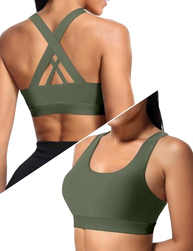 Sports Bras for Women High Support Large Bust, Outdoors High Impact Yoga Wireless Padded Bras,White Padded Low Back Athletic Sleep Workout Strappy Racerback Sports Bra Army Green 2XL