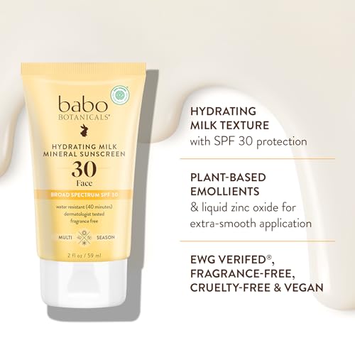 Babo Botanicals, LLC Babo Botanicals Hydrating Milk Mineral Sunscreen SPF30 - Natural Origin Zinc Oxide - Dewy Finish - Water Resistant - Fragrance-Free - EWG Verified - Vegan - For Face - Suitable for sensitive skin