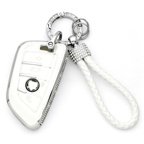 Image of Creativity For BMW X5 Key cover and Key chain accessories (White set) | TPU key box with Rhinestones is compatible with F30 F45 F55 G20 G30 X1 X3 X4 X5 X6 X7 3 5 6 7 M5 M6 GT series smart key