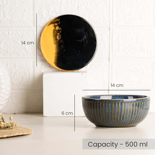 Image of The Earth Store Glam Blue Ceramic Bowl Serving Set - 3 Bowls (500ml Each) with Wooden Tray, 3 Spoons & 3 Multipurpose Lids /Coaster - for Snacks, Curries, Desserts & Fruits