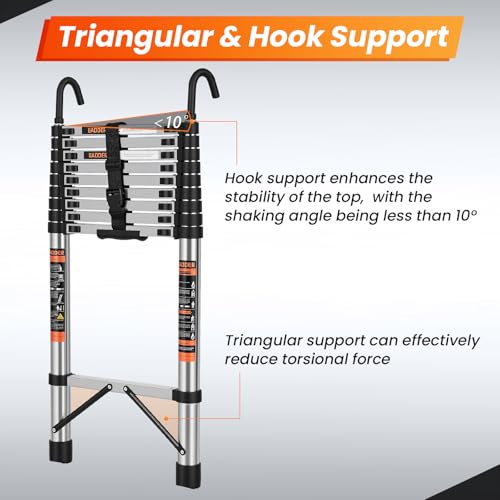 Image of Telescoping Ladder, 12.5 FT Extension Ladder w /Hooks, Heavy Duty 330lbs Max Capacity, Collapsible Telescopic Ladder for Rv, Roof, Outdoor