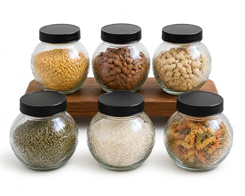 Image of Designer Transparent Glass Storage Jar with Black Plastic Airtight Lid, 900 ML Food Grade Kitchen & Pantry Storage Container, Size 8 X 14 X 14 cm, Ideal for Pulses, Dry Fruits, Pack Of 6