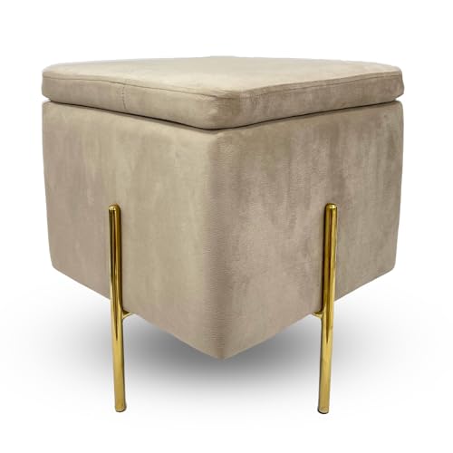 IlGruppone Pouf Contenitore in Velluto con Gambe in Metallo Oro – Poggiapiedi Moderno ed Elegante per Soggiorno, Camera e Ingresso - Tortora