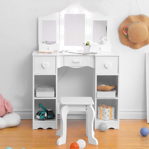 Kids Vanity Set With Mirror, 2-In-1 Wooden Toddler Vanity Table With Stool, Tri-Folding Mirror & Drawer,Princess Pretend Play Makeup Vanity Princess Makeup Desk Dressing Table for Little Girls