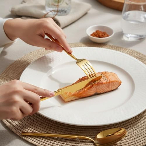 Image of 24 Pcs Gold Slim Handle Stainless Steel Cutlery Set for Dining Table with Spoons and Forks Set + Butterknives - The Perfect Tableware /Flatware