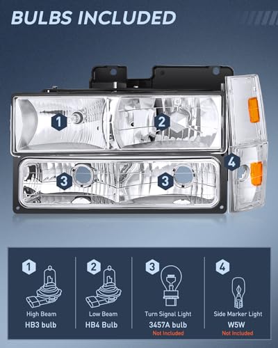 Image of Nilight Headlight Assembly Compatible with Chevy GMC 1988-1993 | For Chevrolet Silverado & Suburban 1988 1989 1990 1991 1992 1993 Chrome Housing Amber Reflector Headlights Replacement