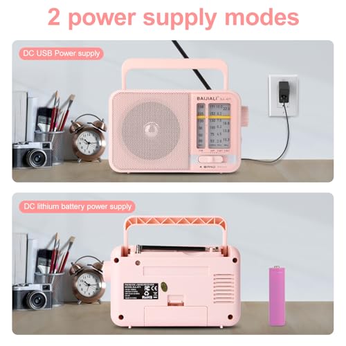 Image of Portable AM /FM Transistor Radio with Loud Speaker, Battery or USB Powered - Compact Emergency Radio for Indoor, Outdoor, Travel & Storms (BJL-671, Pink)
