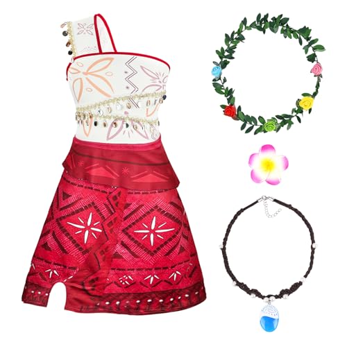 BSBUY Déguisement Vaiana Filles, Robe de Princesse Vaiana avec Collier, Épingle à Cheveux en Forme de Fleur, Couronne, Filles Costumes Dress up de Princesse pour Halloween, Carnaval, Fête(110)