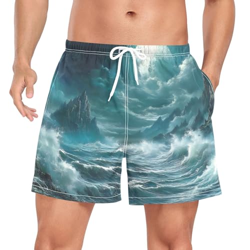 Sea Moutains Landscape Mens Swim Trunks with Liner, Cool Quick Dry Beach Swim Shorts, Swimwear Bathing Suits S