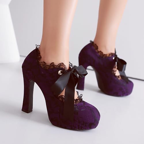 Elerhythm Women's Lace Flower Mary Jane Punk Closed Toe Prom Costume Elegantes Gothic Pumps Vintage Sweet Platform High Heels Shoes3