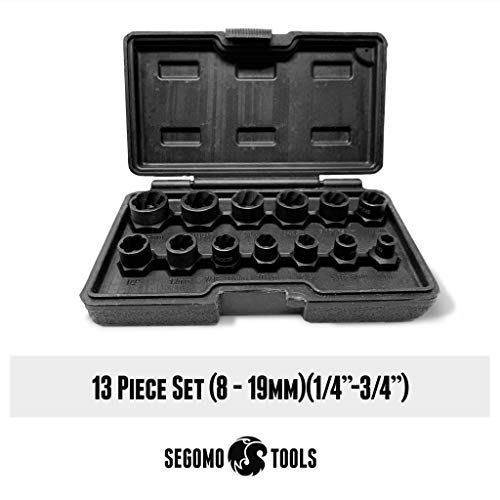 Segomo Tools 13 Piece Lug Nut and Bolt Extractor Removal Metric and SAE Socket Tool Set 8 - 19mm - Thumbnail 4