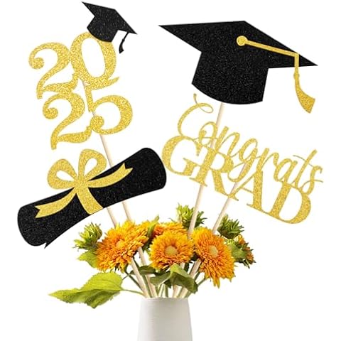 Graduation Decoration Class of 2025, 16 PCS Gold and Black Double Sided Sparkling Graduation Centerpieces Sticks for Table, 2025 Graduation Party Decorations, Table Toppers Set of 4 Cover
