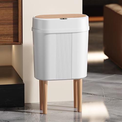 Image of House of Quirk 12L Trash Can with Lid & 4-Leg Stand | Slim Modern Plastic Dustbin for Bathroom, Kitchen & Bedroom | Durable Oval Waste Bin (Grain White)