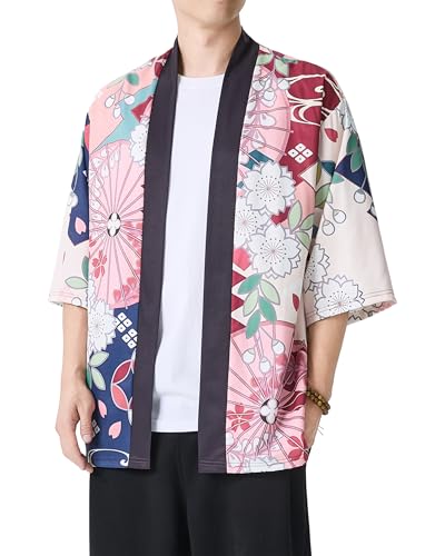 Image of PRIJOUHE Men's Lightweight Kimono Jacket Seven Sleeve Open Front Cardigan Coat Japanese Style Bathrobe