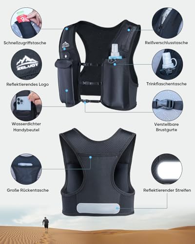 Zelvot Laufweste für Damen und Herren, Europäisches Originalpatent, Verstellbare Brustgurte, Trinkweste Laufen mit 500ml Wasserflasche, Reflektierender Trinkrucksack mit Handyhalterung (Schwarz, M/L)