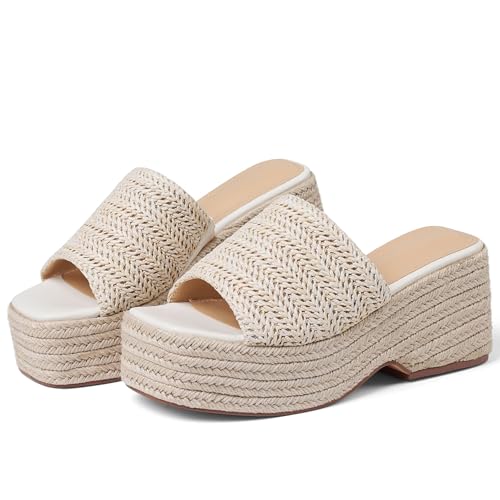 Image of EQAUDES Platform Slip on Espadrille Sandals for Women Summer Wedges Slides -Flatform, Open Toe, Bohemia, Beach, Wedding