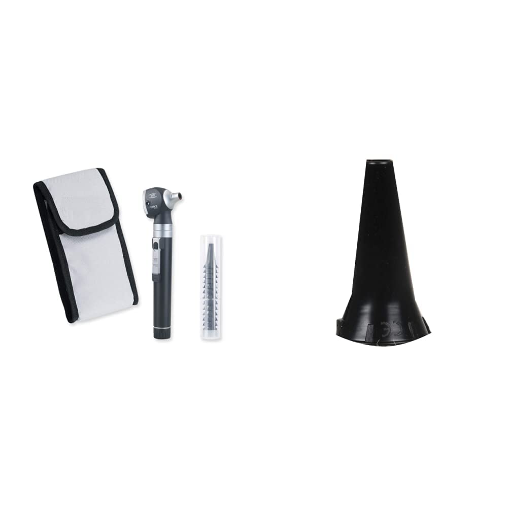 GIMA 31524 Otoscopio, 2.5V, luce alogena allo xeno, sacchetto + 31488 Mini Speculum Auricolare Monouso diametro 4 Mm, Colore Nero, Latex Free, Dispenser da 250 Pezzi