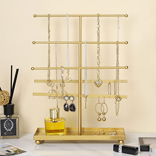 Mygift 5-Tier Gold Tabletop Metal Jewelry Necklace, Bracelet, Earring, Organizer With Ring Tray #TOP1