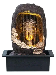 Craft Smith Polyresin Tabletop Gold Brown Meditating Buddha Sitting in Cave Style Indoor Front Curtain Waterfall Fountain for Home Decor with LED Light, Speed Controller Pump (Size: 40 x 22 x 29.5CM)