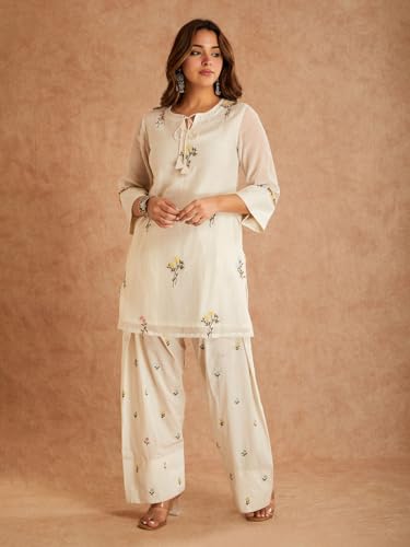 Image of ANNI Designer Farshi Salwar Suit for Women Viscose Embroidered | Co Ord Set for Woman | Straight Kurta Palazzo Outfit Round Neck V Slit 3 /4 Sleeve Ethnic Dress Womens Clothing