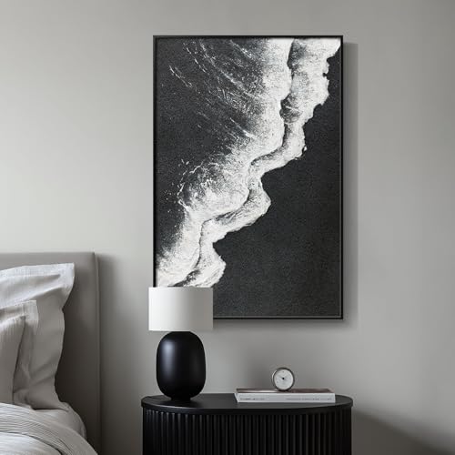 Framed Black and White Abstract Beach Canvas Wall Art, Modern Minimalist Art Prints Paintings Artwork for Walls, Ocean Wave Pictures for Living Room Dining Room Bedroom Bathroom Wall Decor 24x36 In - Image 3