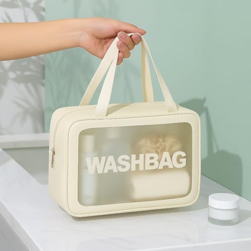 Image of Gritty Wash Bag Pouch for Travel Kit Toiletry Bag Cosmetic Bag Make Up Box for Brushes, Accessories with Handle, Large Capacity Waterproof Travel Storage Organizer Set of 3(Beige)