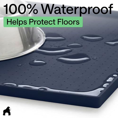 Image of GORILLA GRIP 100% Waterproof Raised Edge BPA Free Silicone Pet Feeding Mat, Dog Cat Food Mats Contain Spills Protects Floors, Placemats for Cats and Dogs Water Bowl, Pets Accessories 32x24 Navy