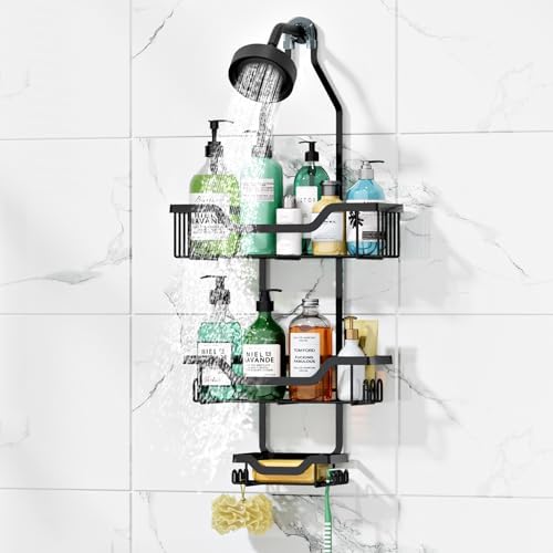 TNDCKP Rustproof Stainless Steel Hanging Organizer Overhead Caddy for Bathroom Storage with Hooks No-Drill Space-Saving Shower Design Black