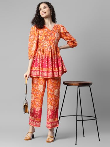 Image of DEEBACO Women's Floral Print Rayon Top & Pants Co Ord Set for Women V Neck 3 /4 Puff Sleeve Ladies Party Casual Wear Fashionable for Girls Loose Fit Cord Set (DBCOMR00000978 M Orange)