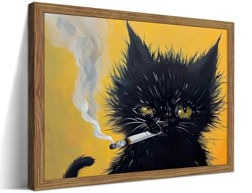 Vintage Framed Black Cat Wall Art, Black Cat Painting Portrait Wall Decor, Mens Room Canvas Print Poster, Cool Animals Picture Art for Bathroom Decor 8x10 inch Wood Framed