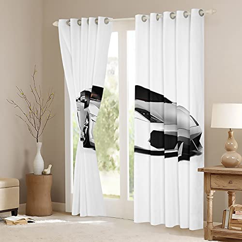 Loussiesd Race Car Curtains Boy Man Sport Curtains for Bedroom Living Room Kids Teens 3D Speed Sports Car Windows Drapes Room Decoration White Black,W66*L72 - Image 3