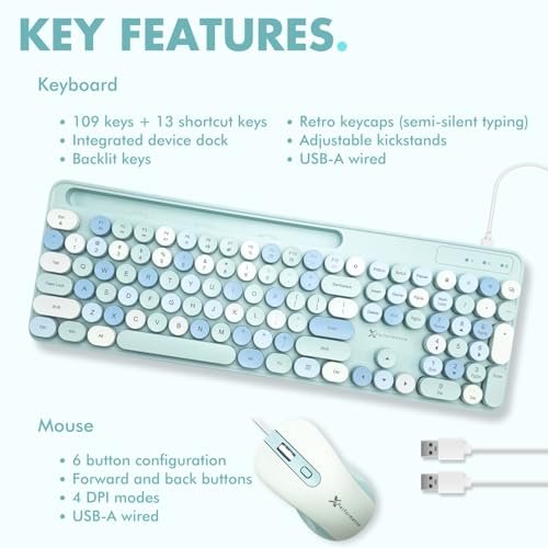 X9 Wired Keyboard and Mouse Combo with Backlight - Silent Round Keycaps, Phone/Tablet Dock, 109 Fullsize Keys, Cute Colorful Blue Keyboard, Aesthetic and Pastel Keyboard for Laptop, PC and Chrome - Image 6