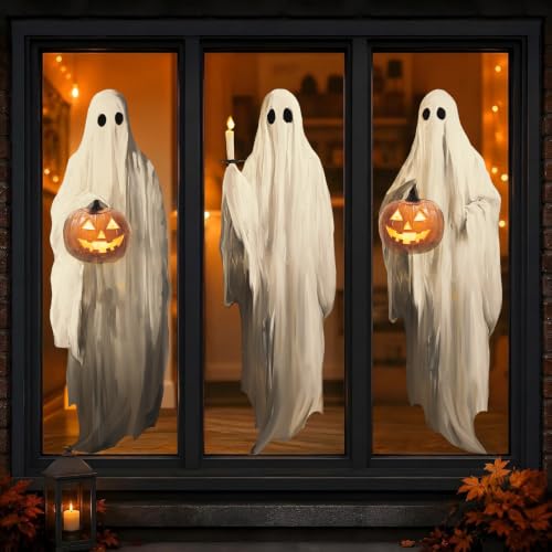 Halloween Decorations Window Clings Decor, 3pcs Extra Large Scary White Ghosts with Pumpkin Lantern Halloween Window Decals Indoor, Creppy School Home Office Party Supplies for Glass Windows, 3 Sheets