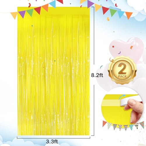 Image of Macaron Yellow Metallic Tinsel Foil Fringe Curtains, 2Pack 3.3x8.3 Feet Streamer Backdrop Curtains for Birthday Wedding Party Decorations, Halloween Decor, Foil Curtain Backdrop for Bachelorette Party