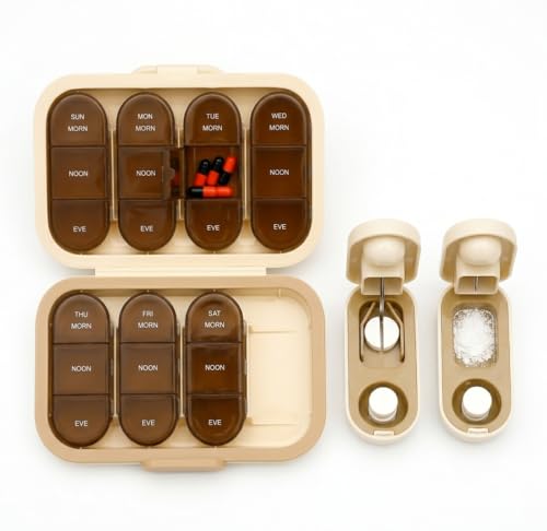 Image of Weekly Pill Organizer with Tablet Cutter | Medicine Organizer & Pill Box, BPA-Free Portable Travel Medicine Box, Ideal Tablet Box for Medicine, Vitamins & Supplements (SANDAL ( MODEL : TABBY 105 ))