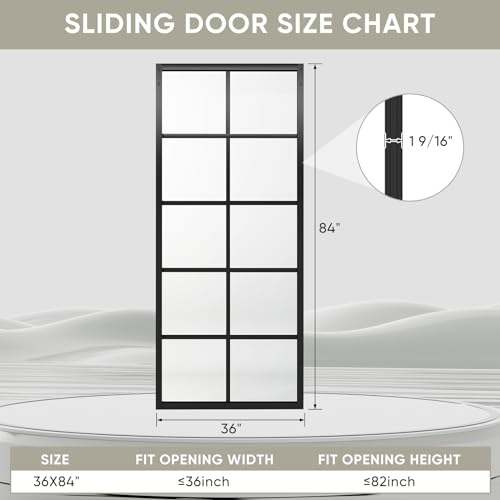 Image of Jubest DIY Glass Sliding Closet Kitchen Door, 36in x 84in Modern French 5-Lite Clear Tempered Glass Aluminum Frame, Easy Assembly