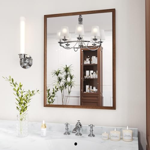 Image of WEER Brown Bathroom Mirror, 70x90cm Faux Wood Frame Rectangular Wall Mirror