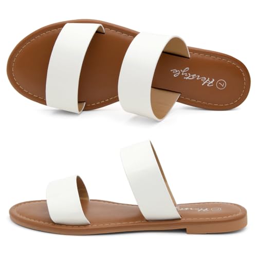 Image of Herstyle Flat Sandals for Women, Double Strap Slide Sandals, Open Toe Slip On, Comfortable Cushioned Footbed Casual Summer Shoes for Daily Wear, Beach, Vacation, Clear Options